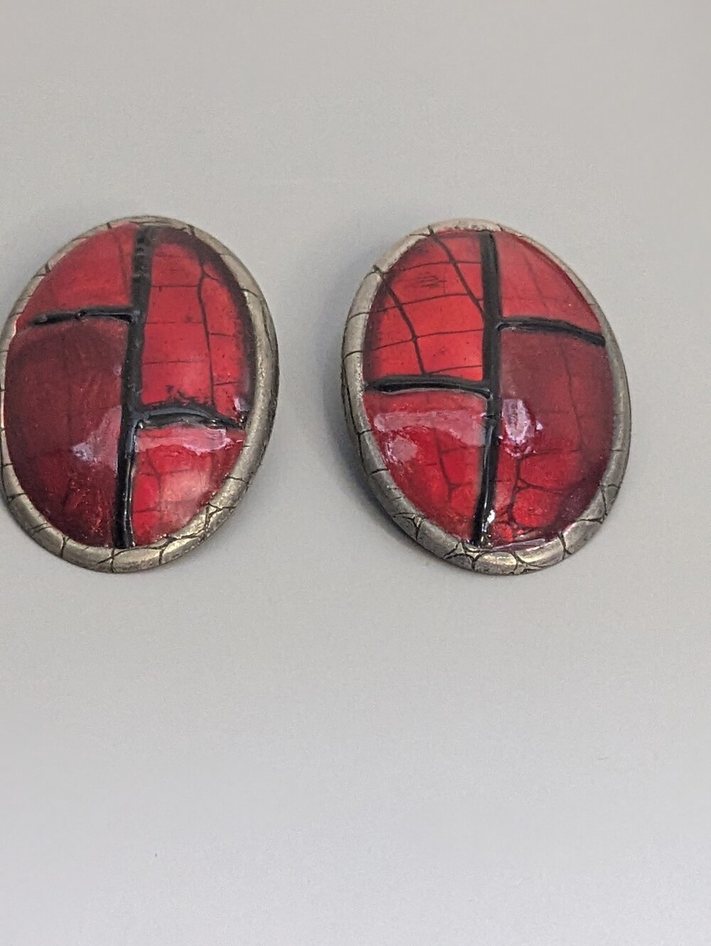 Vintage Red Enamel Cracked Glass Oval Earrings Modern Artsy Bold Statement